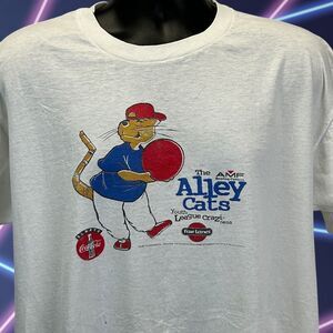 Vintage AMF Coca Cola Bowling T Shirt Mens Large Bowler Alley Cats 90s USA White
